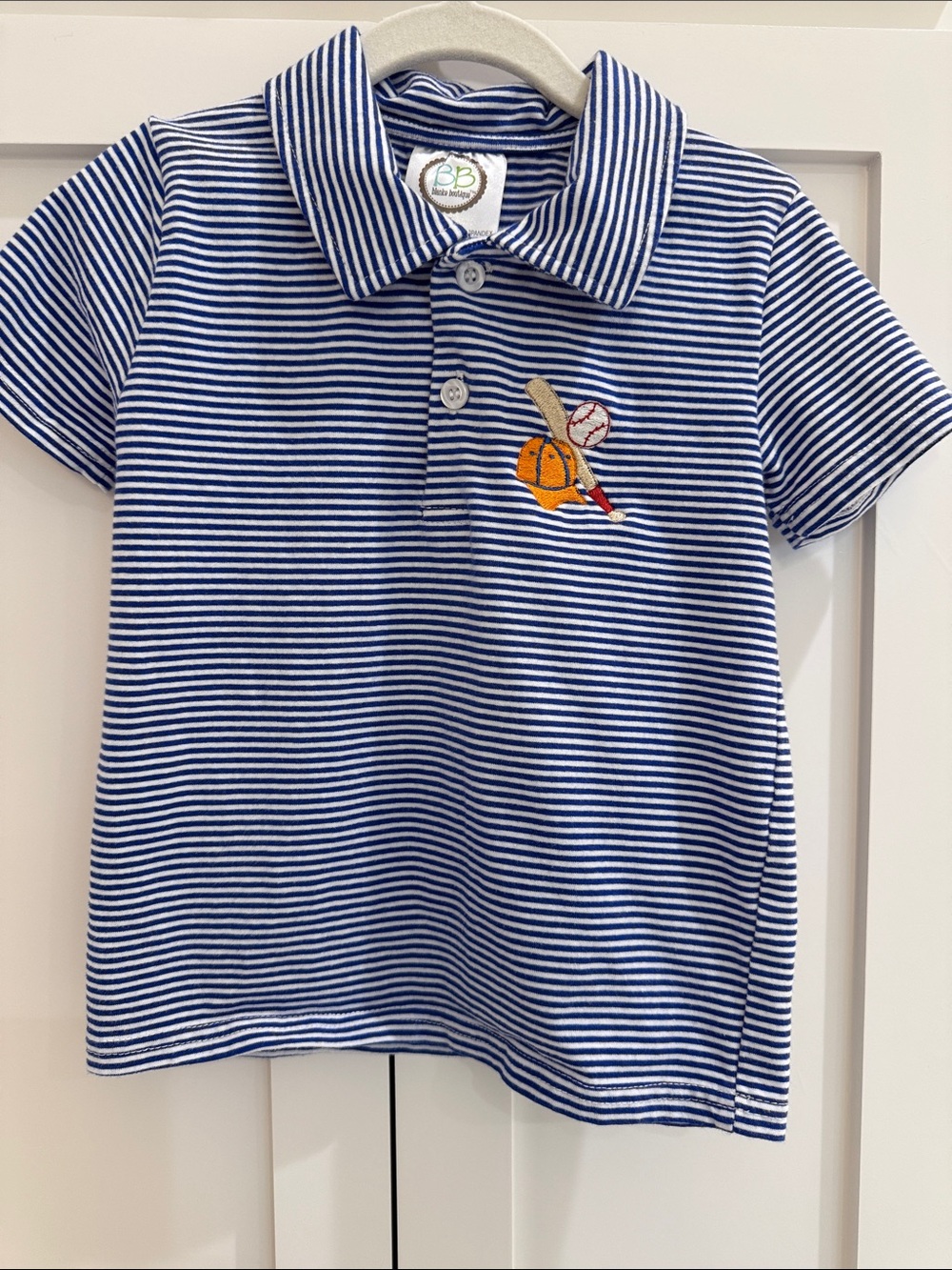 Blanke Boutique Blue/White Stripe Polo with Baseball Theme Embroidery 3T